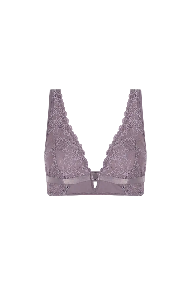 Bralette triangular unicolor de encaje premium en Palacio del Blumer, color nuez